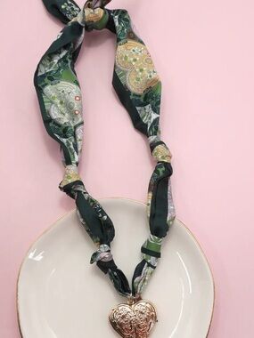 Silk-Style Green Floral Scarf Necklace with Gold Heart Locket